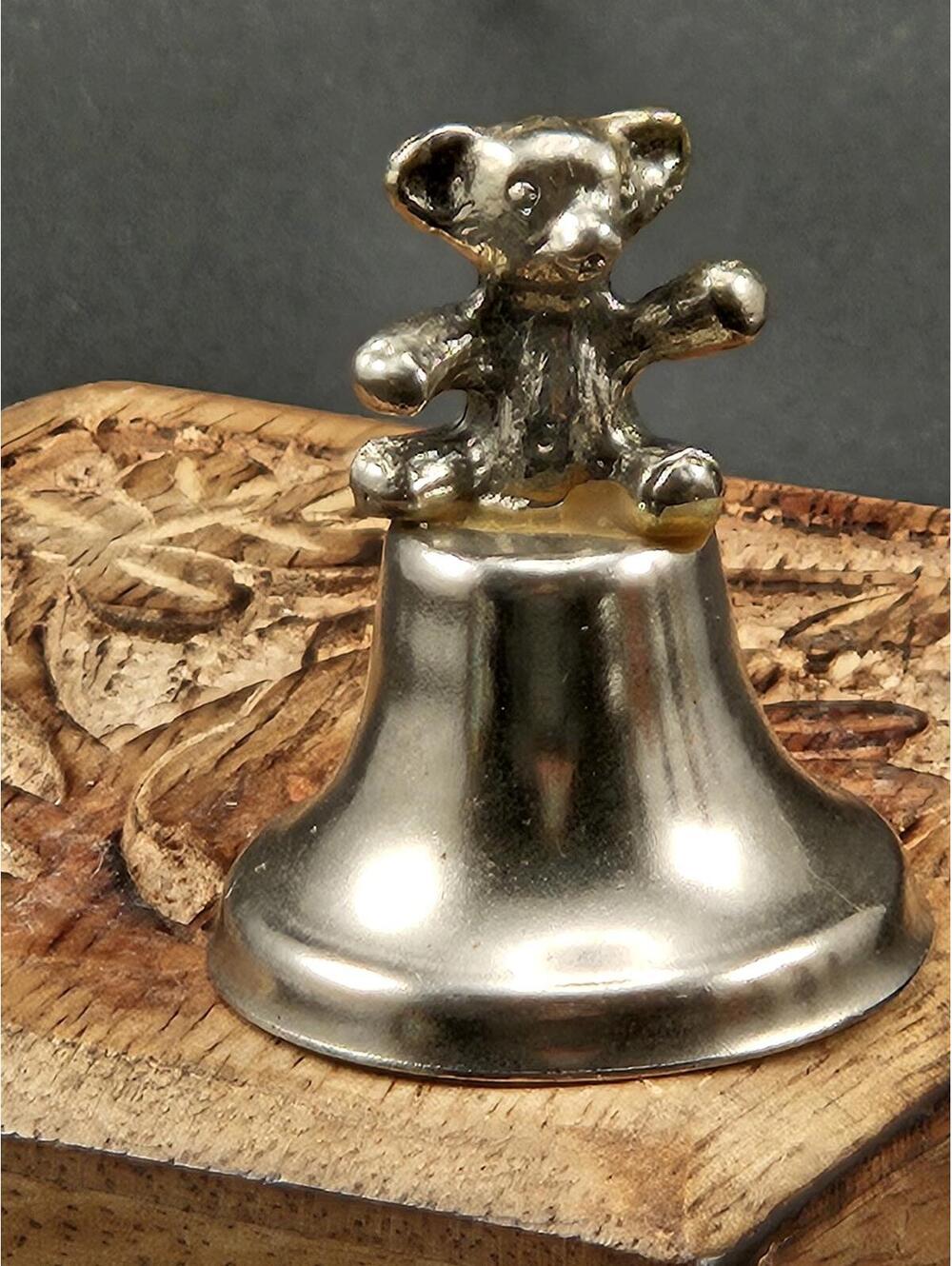 Vintage Taiwan Silver Tone Teddy Bear Bell Figurine Trinket Nursery Decor 2.5 In